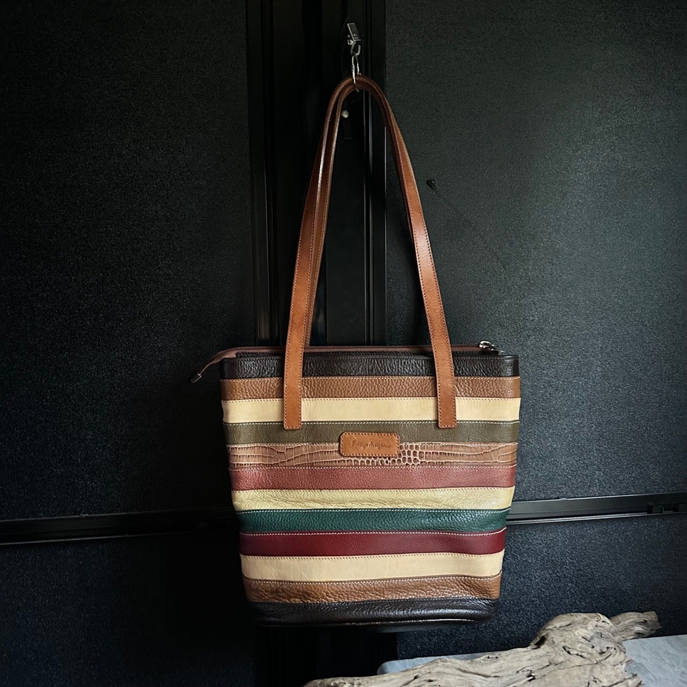 Bottega Artigiana Italy Leather Tote Bag Multi Color Striped Handmade Tuscany